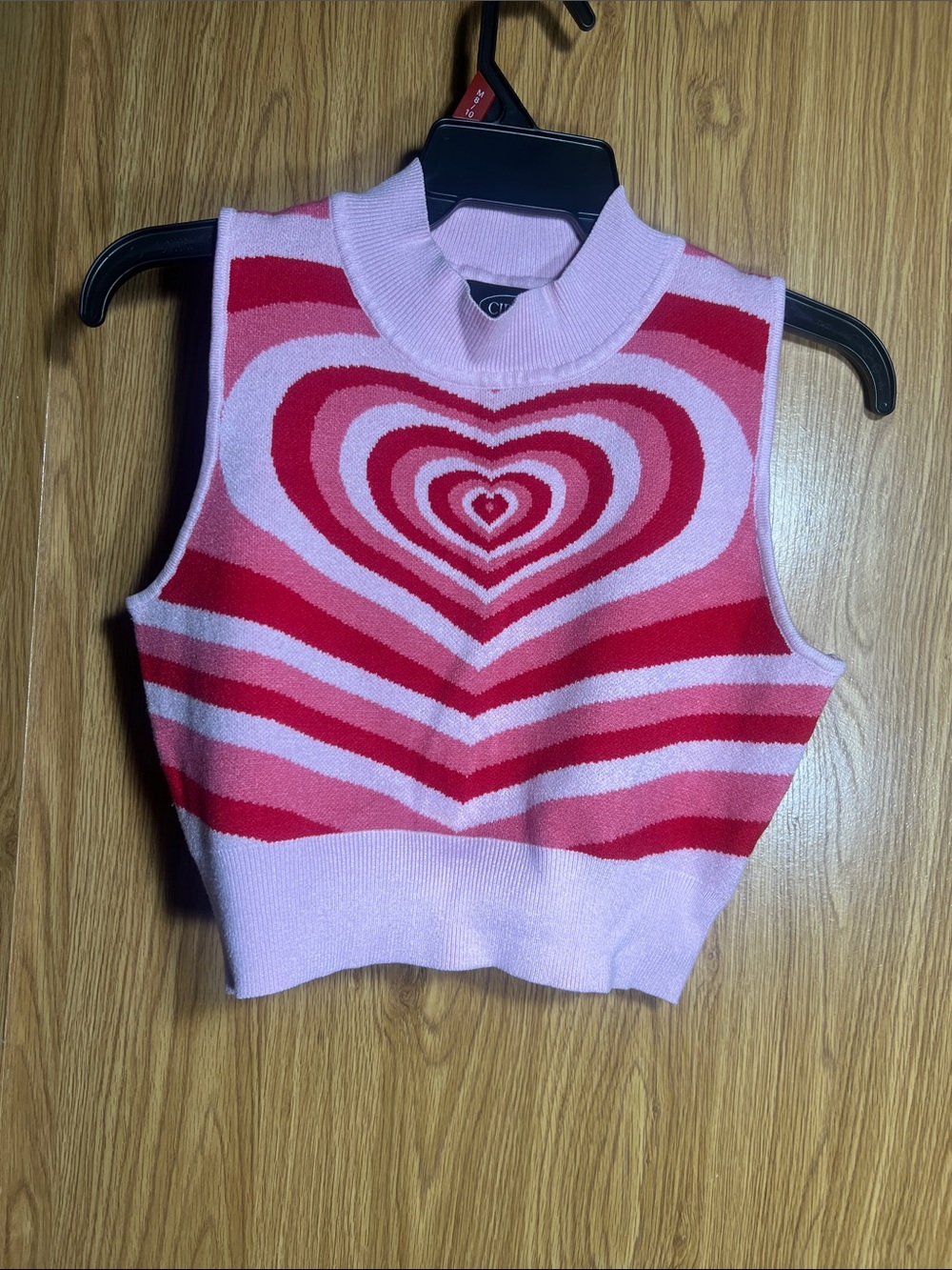 Cider Pink and Red Heart Motif Knit Crop Top